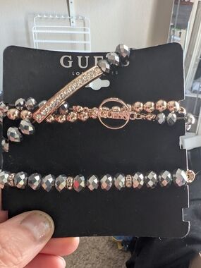 GUESS Rose Gold and Metallic Hematite Bracelet Stack